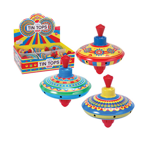 Mini Tin Tops assorted colorful spinning tops that hum when spun for classic fun play