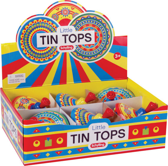 Mini Tin Tops assorted colorful spinning tops that hum when spun for classic fun play