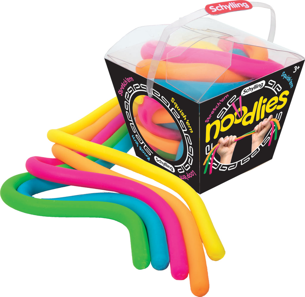 Colorful stretchy Noodlies sensory toys that can be stretched, squished, and twisted for active play
