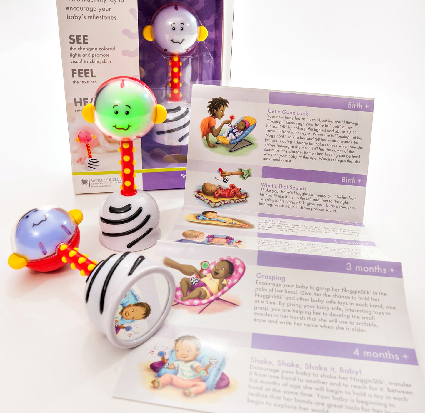 SmartNoggin NogginStik developmental rattle with red, blue, green lights and textures for babies