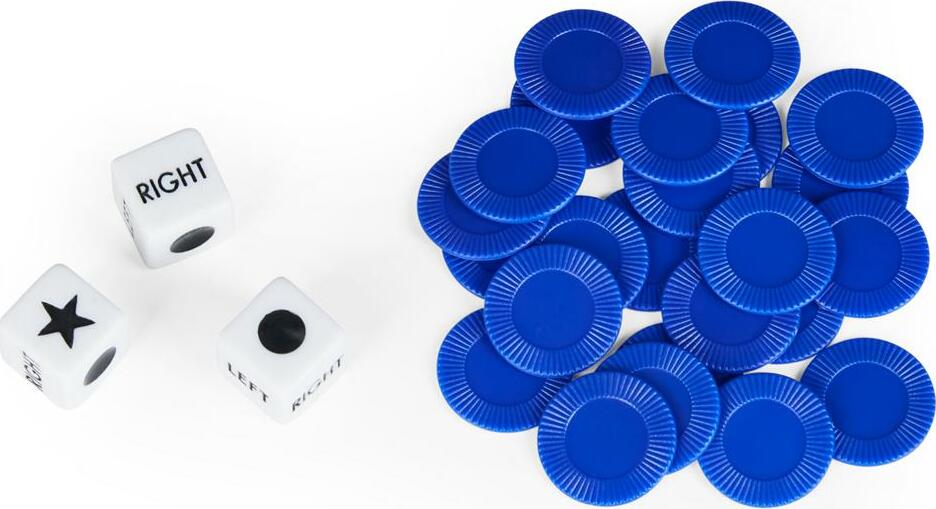 Left Center Right dice game in portable tin case with dice and tokens for family game nigh