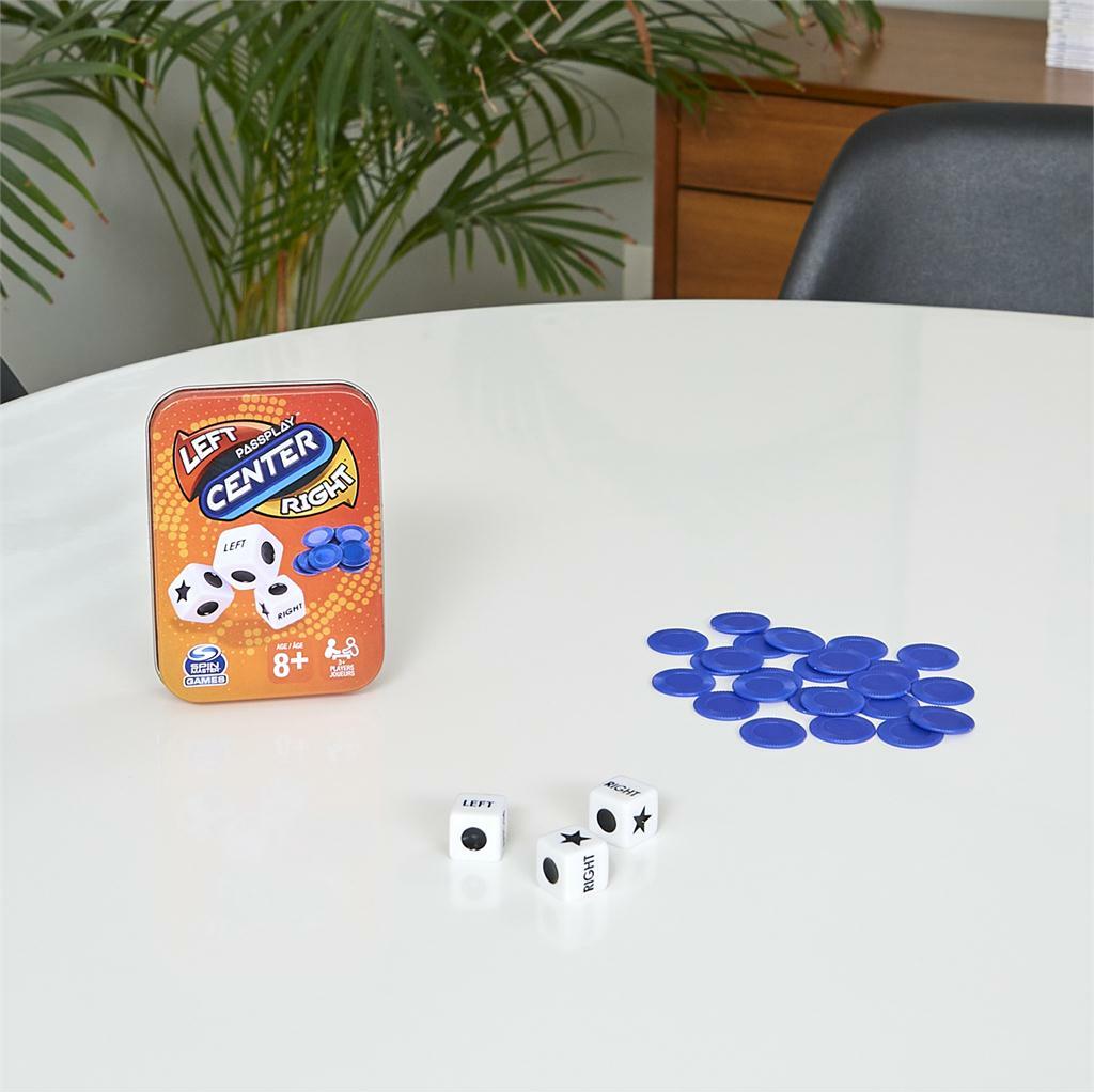Left Center Right dice game in portable tin case with dice and tokens for family game nigh