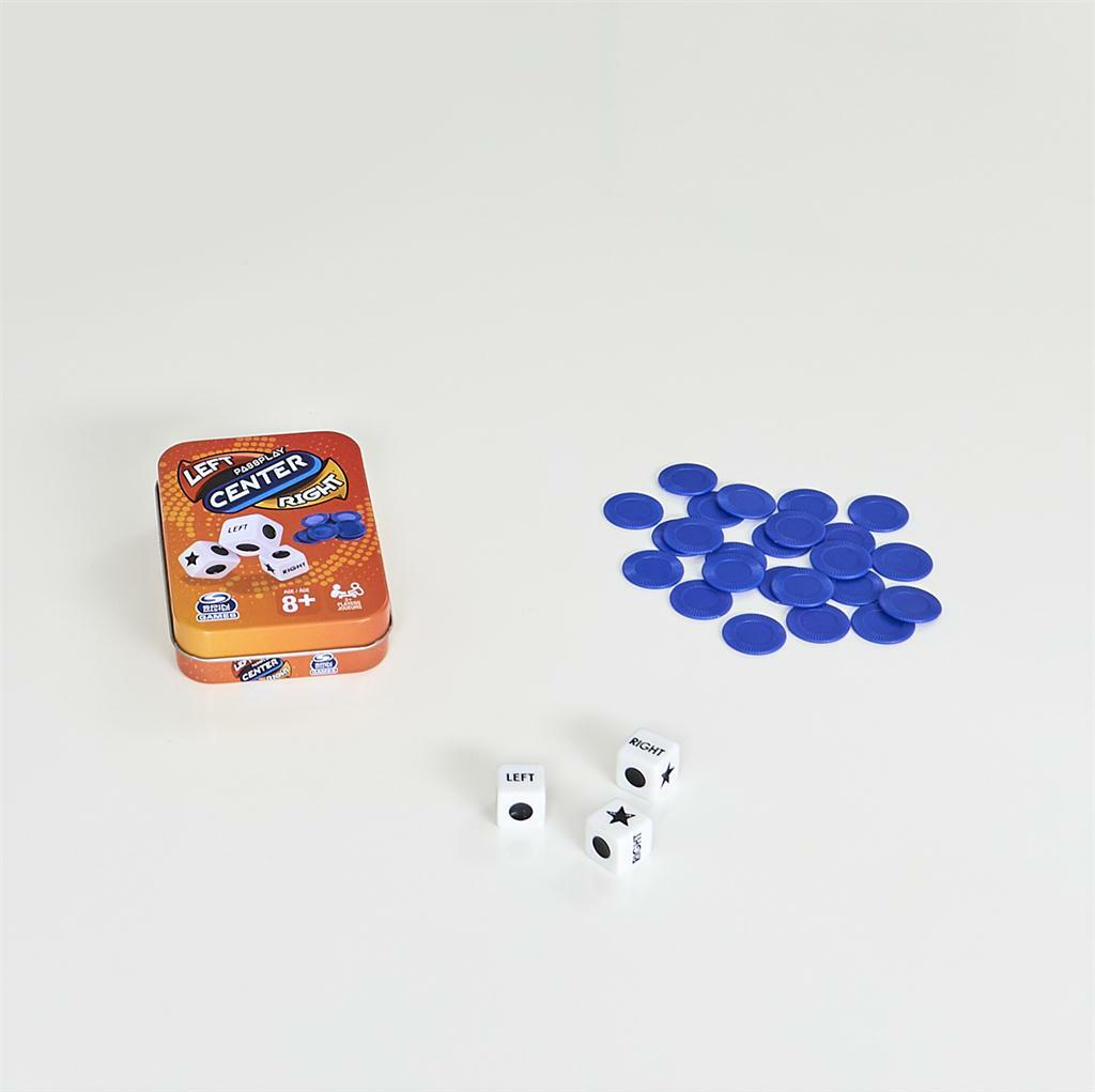 Left Center Right dice game in portable tin case with dice and tokens for family game nigh