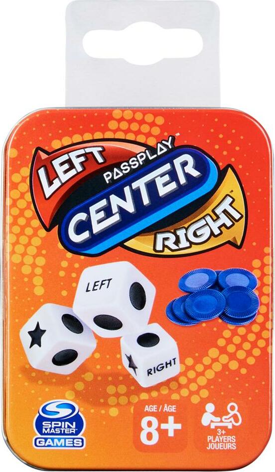 Left Center Right dice game in portable tin case with dice and tokens for family game nigh
