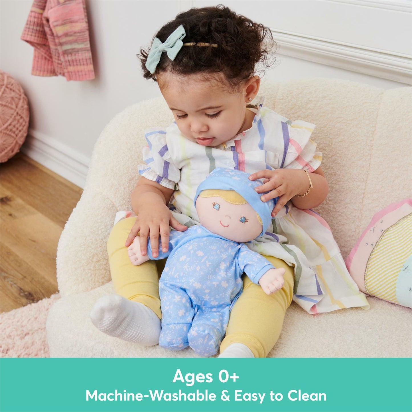 Aster eco-friendly 100% recycled baby doll in blue outfit, 12 inches tall