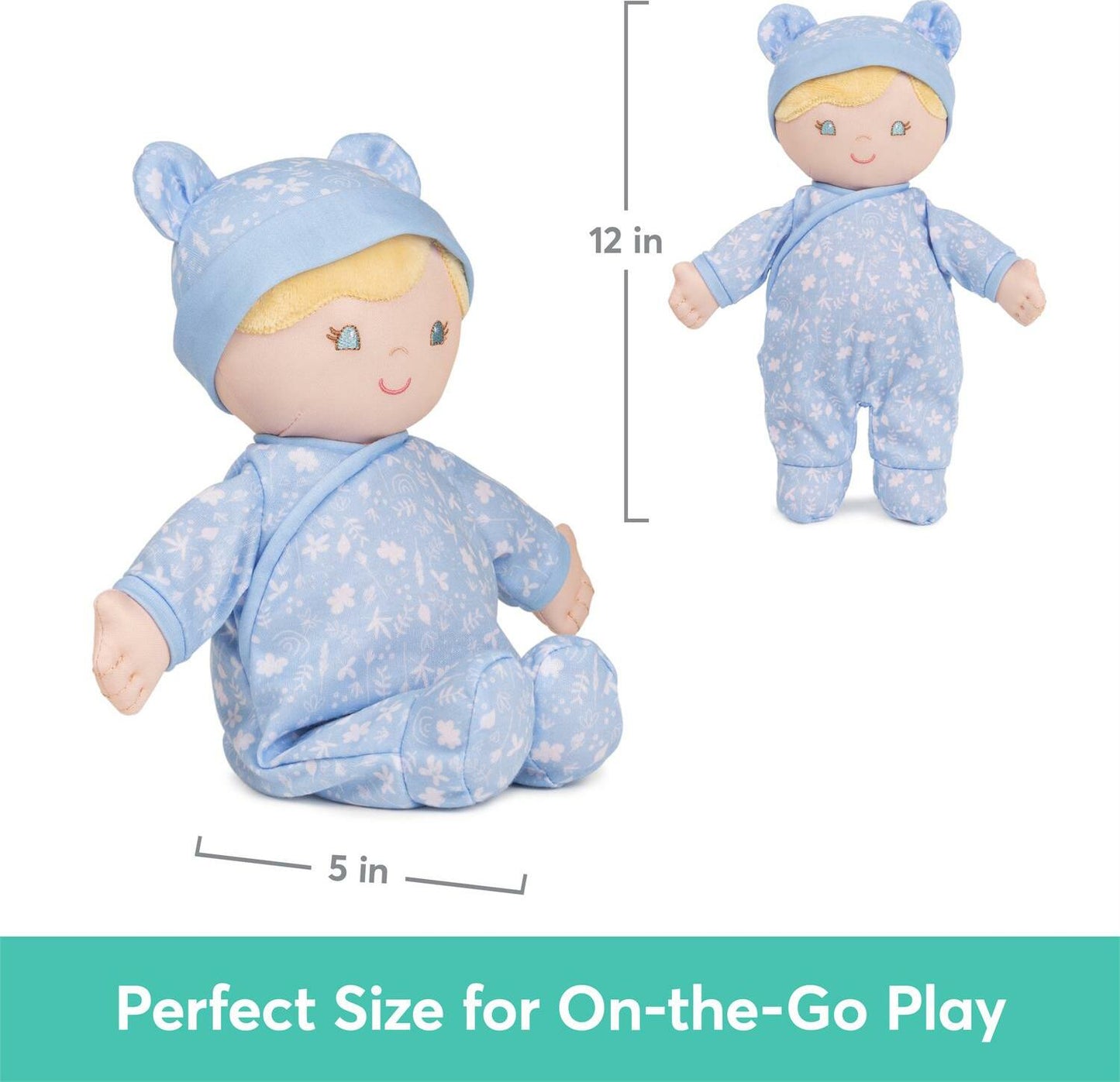 Aster eco-friendly 100% recycled baby doll in blue outfit, 12 inches tall