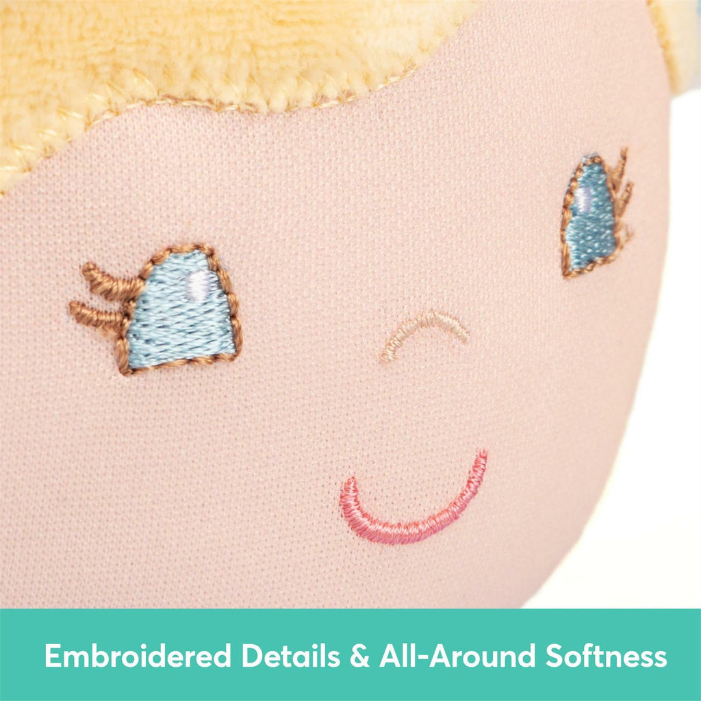 Aster eco-friendly 100% recycled baby doll in blue outfit, 12 inches tall