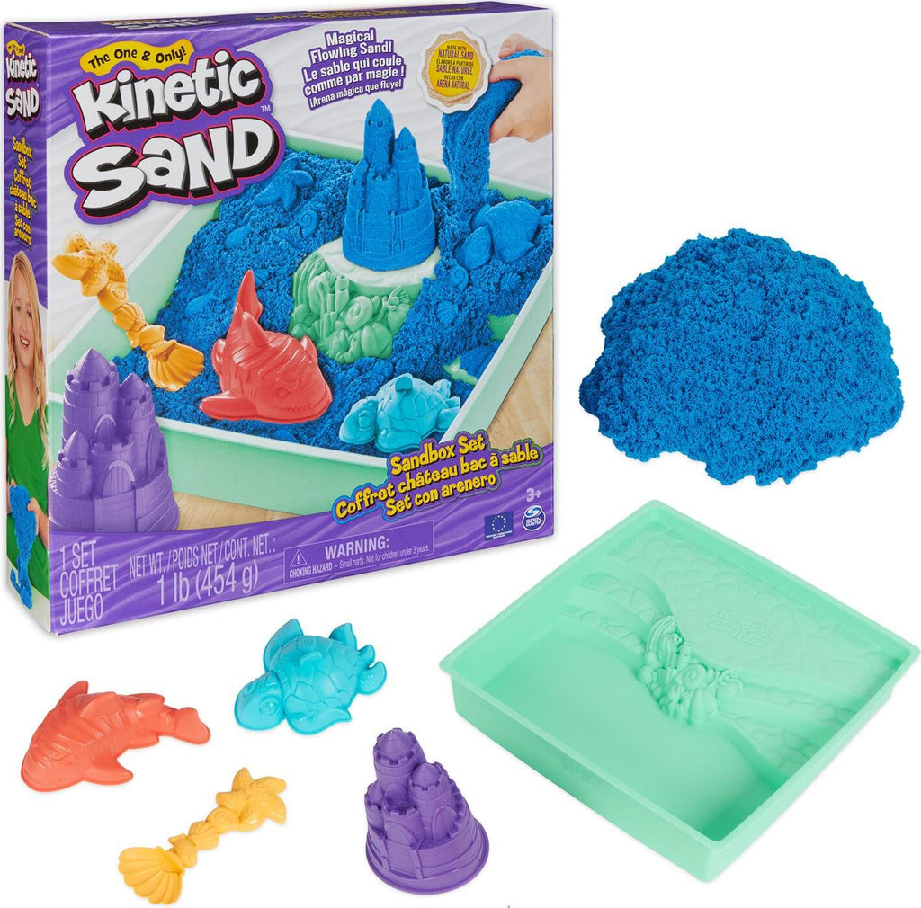 Kinetic Sand Sandbox Set with 1 pound of blue kinetic sand for magical moldable sensory play adventures