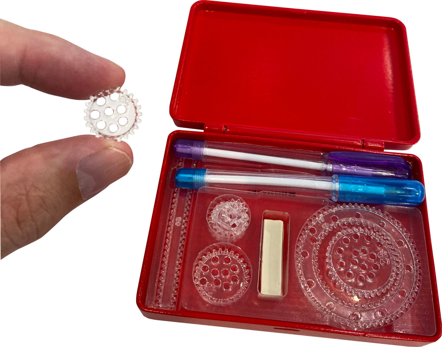 World's Smallest Spirograph drawing kit with 6 wheels, ring, track, 2 pens and carrying case