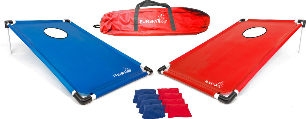 Cornhole game set with 2 portable plastic boards, 8 bean bags and carry bag for outdoor fun