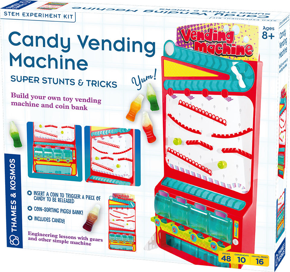 Candy Vending Machine engineering kit with coin sorting, stunts and tricks for STEM learning and candy dispensing