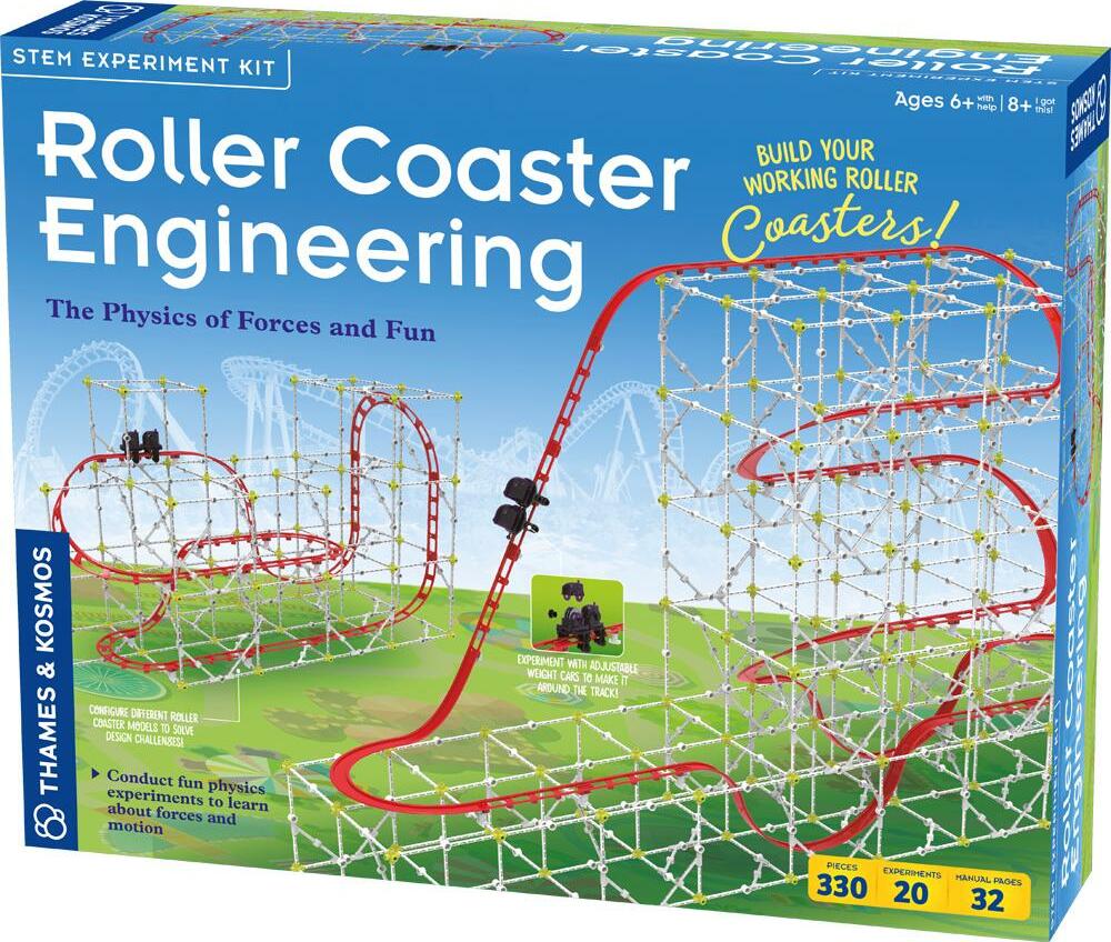 Roller Coaster Engineering kit with modular building system to construct working roller coaster models and conduct physics experiments