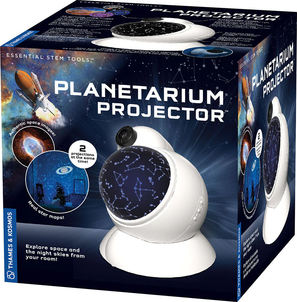 Planetarium projector displaying star maps and space images on ceiling and walls with LED lights