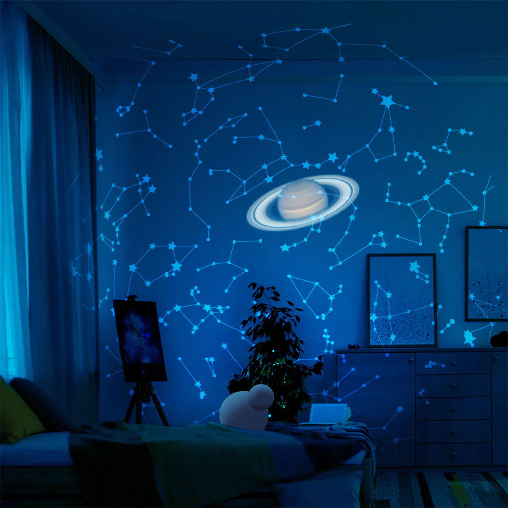 Planetarium projector displaying star maps and space images on ceiling and walls with LED lights