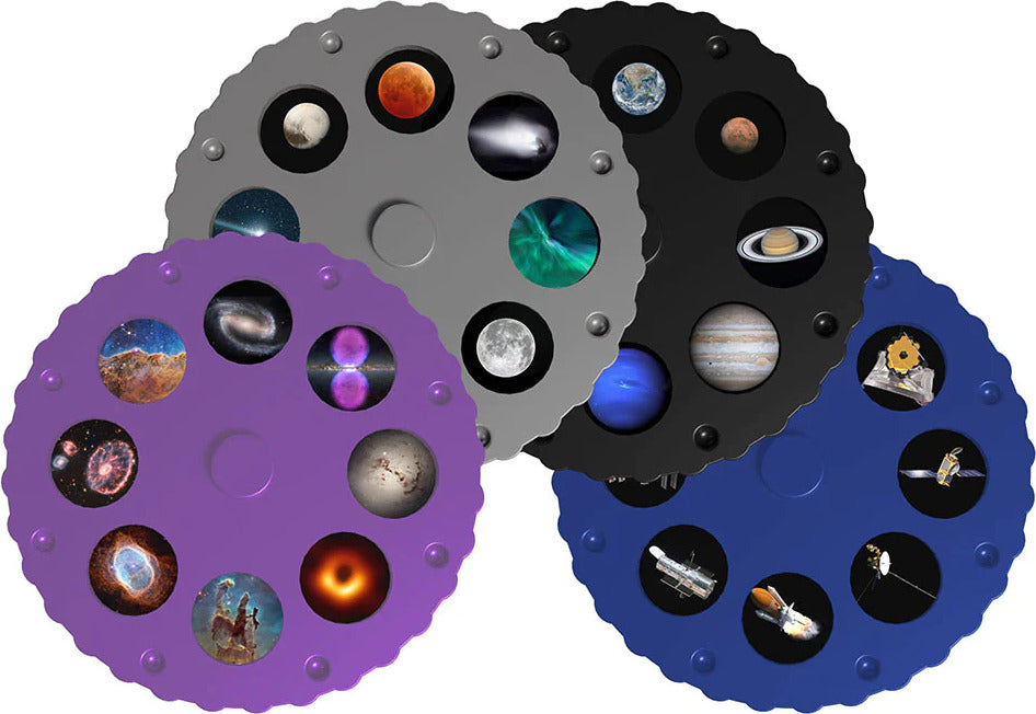 Planetarium projector displaying star maps and space images on ceiling and walls with LED lights