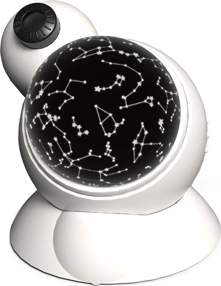 Planetarium projector displaying star maps and space images on ceiling and walls with LED lights