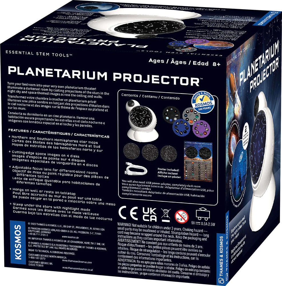 Planetarium projector displaying star maps and space images on ceiling and walls with LED lights
