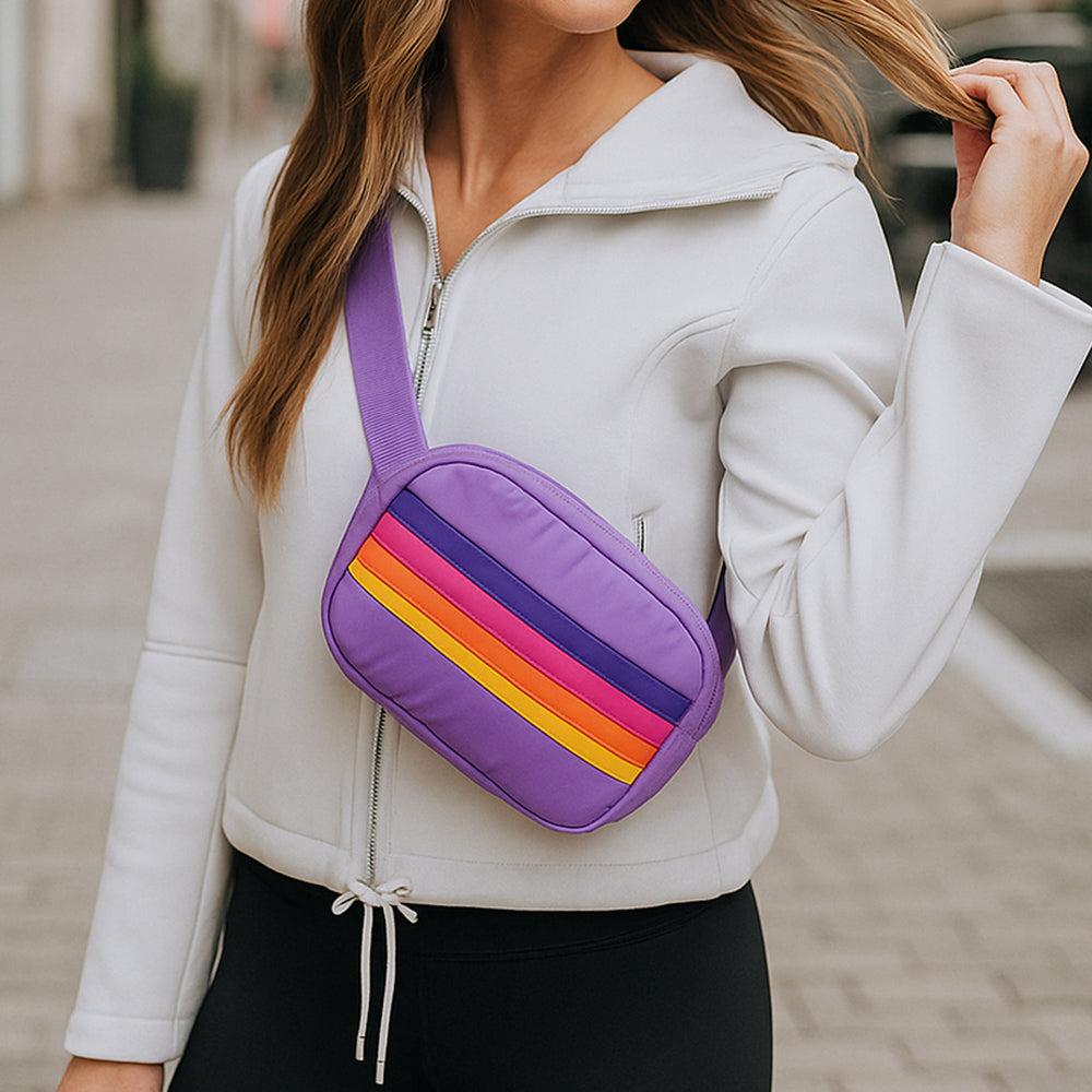 Purple Puffer Retro Striped Belt Bag