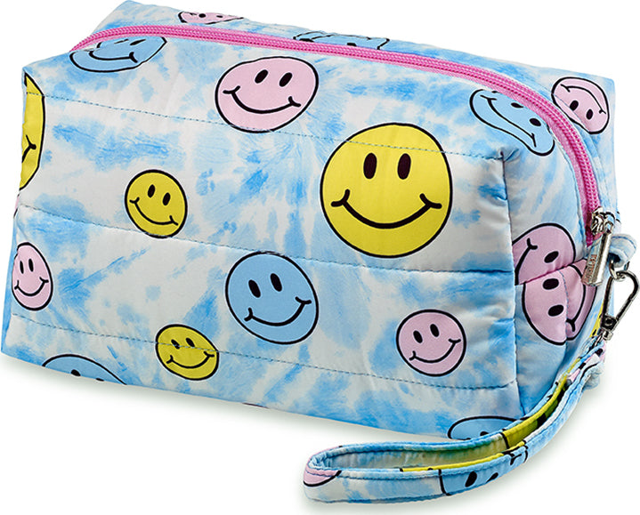 Pink tie dye smiley face puffer cosmetic bag by Top Trenz with quilted design