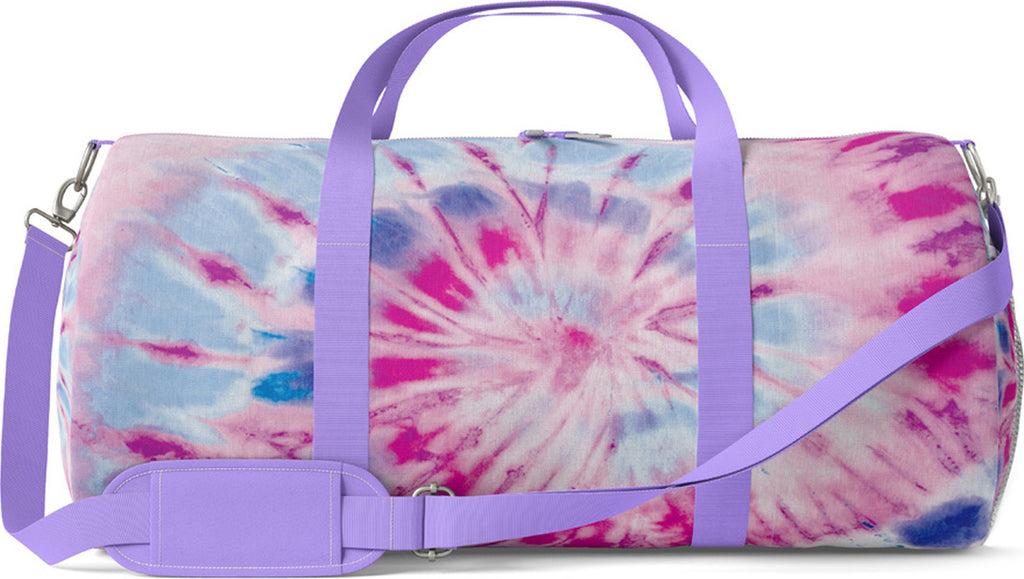 Razzy tie-dye canvas duffle bag in vibrant colorful pattern, 17" x 11" x 11" travel bag