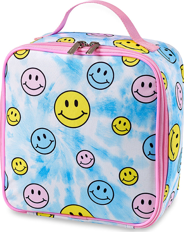 Smiley Tie-Dye Canvas Insulated Lunch Box with colorful tie-dye pattern and happy face design