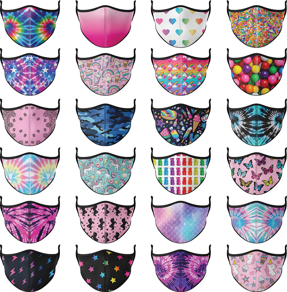 Face Mask Variety Pack for kids ages 3-7 with stretch polyblend fabric, cotton inner layer and adjustable ear loops