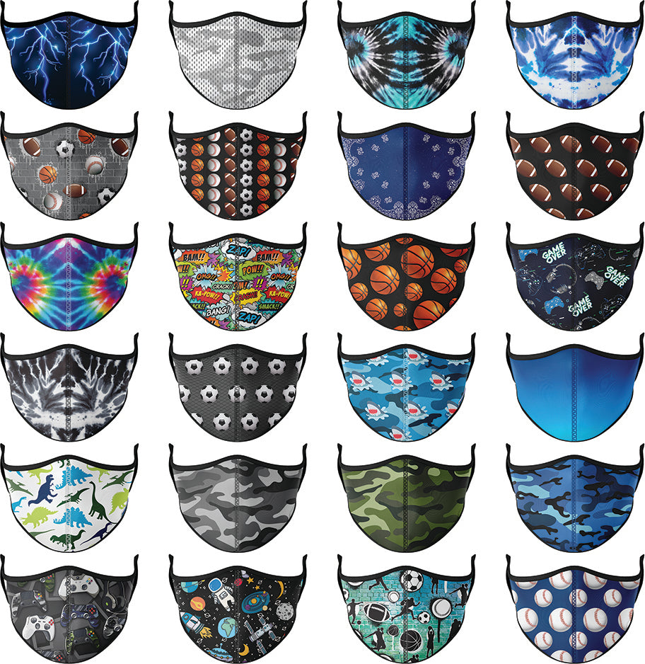 Face Mask Variety Pack for kids ages 3-7 with stretch polyblend fabric, cotton inner layer and adjustable ear loops