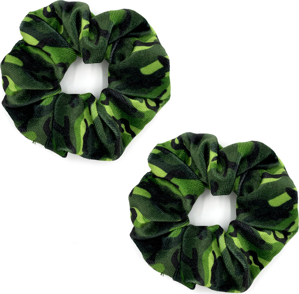 Camouflage Velvet Scrunchie with green camo pattern in super soft velvet material