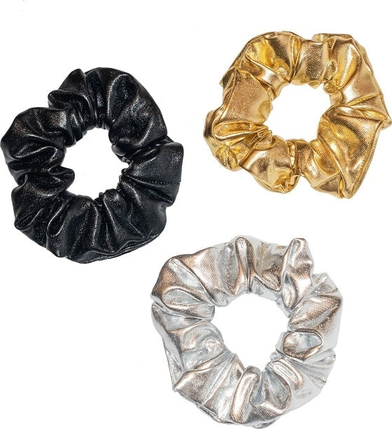 Shiny metallic scrunchies in black, silver and gold colors for trendy hair styling