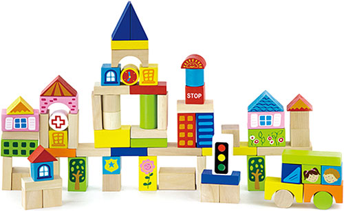 City Blocks 75 wooden blocks natural, painted and printed by hand in cardboard barrel with carrying handle