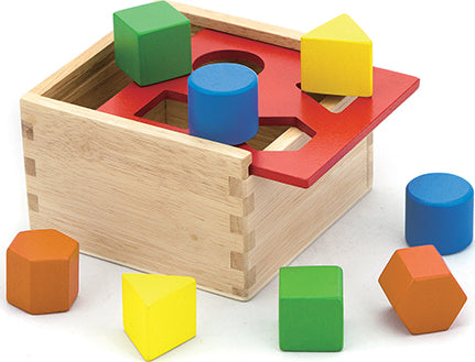 Shape Sorting box made of sturdy hardwood construction with 4 geometric colorful shapes for learning