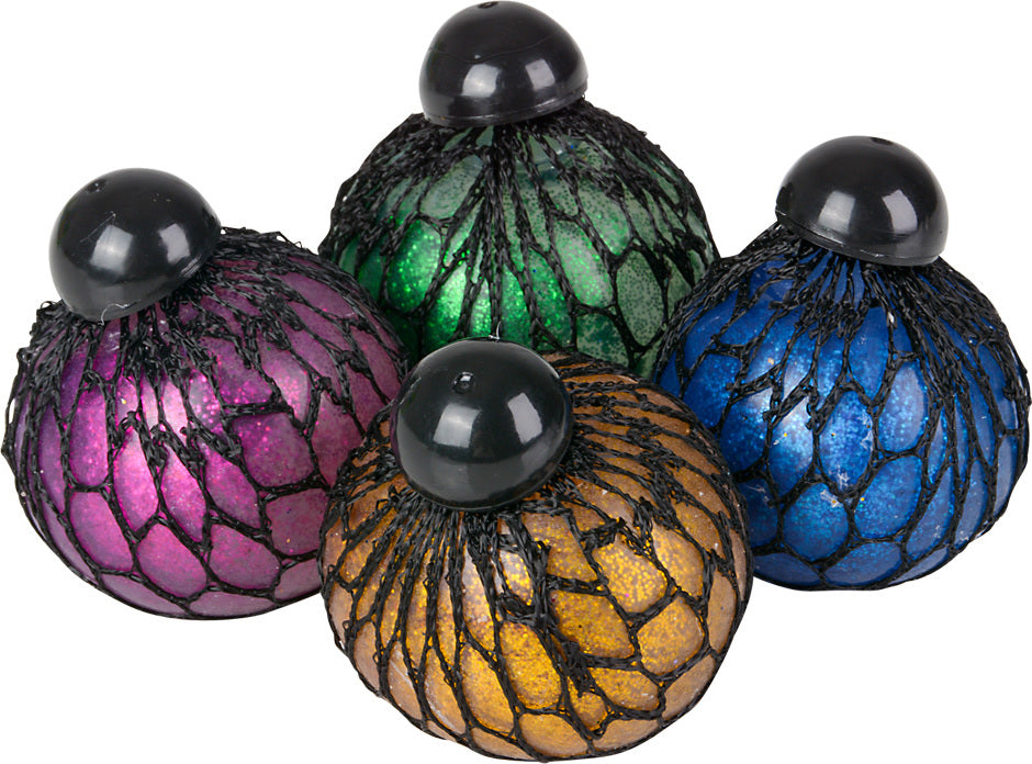 2.25 inch mesh squeeze metallic ball with sparkly exterior for sensory fidget play