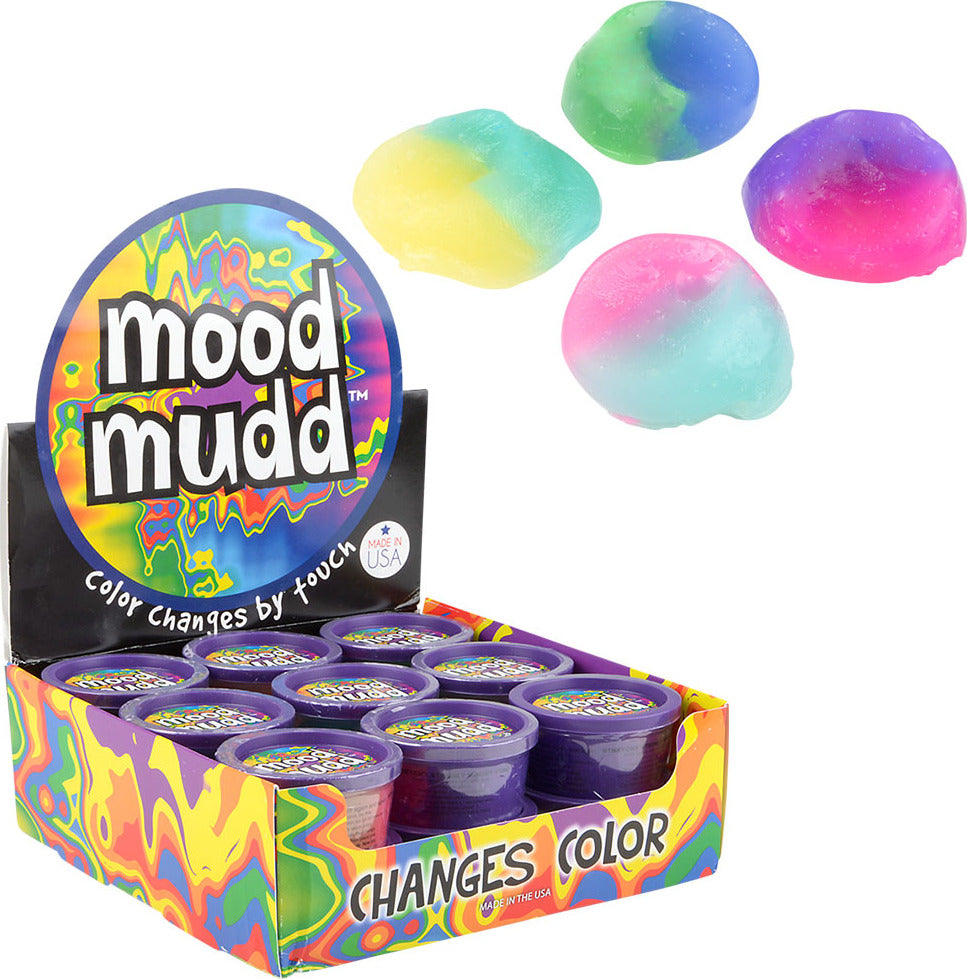 Mood Mudd Dough 4oz container with color-changing dough that changes color from hand heat in 3 inch diameter container