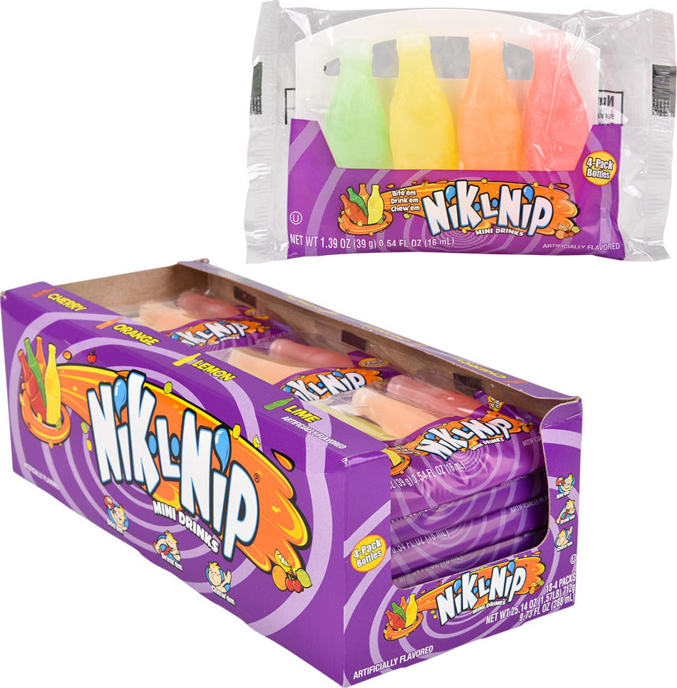 Charms Nik-L-Nip wax bottle candy with flavored syrup inside colorful wax bottles