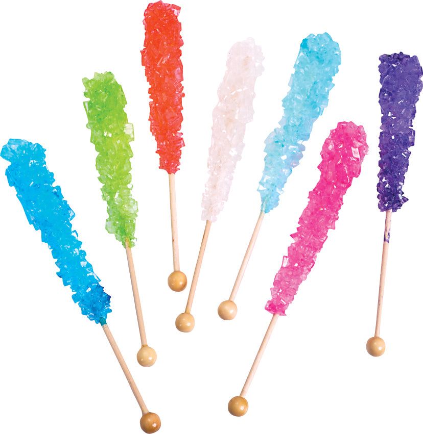6.5 inch rock candy pops with colorful crystallized sugar on wooden sticks