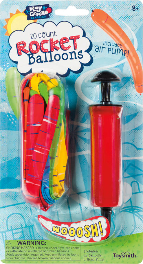 Playground Classics 20 Rocket Balloons Set with pump for inflating and launching balloons that zoom through the air
