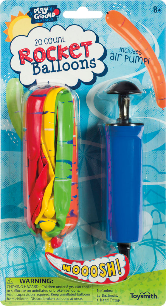 Playground Classics 20 Rocket Balloons Set with pump for inflating and launching balloons that zoom through the air