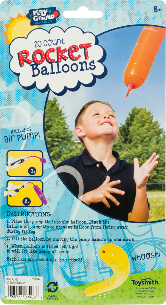 Playground Classics 20 Rocket Balloons Set with pump for inflating and launching balloons that zoom through the air