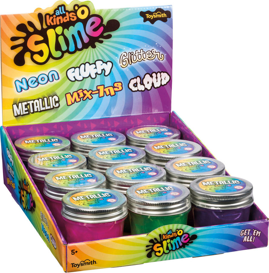 Metallic Slime assorted colors with shimmering metal-like finish in 2.75-inch travel jar by Toysmith