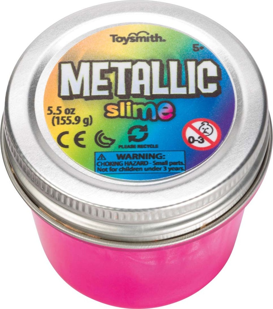 Metallic Slime assorted colors with shimmering metal-like finish in 2.75-inch travel jar by Toysmith