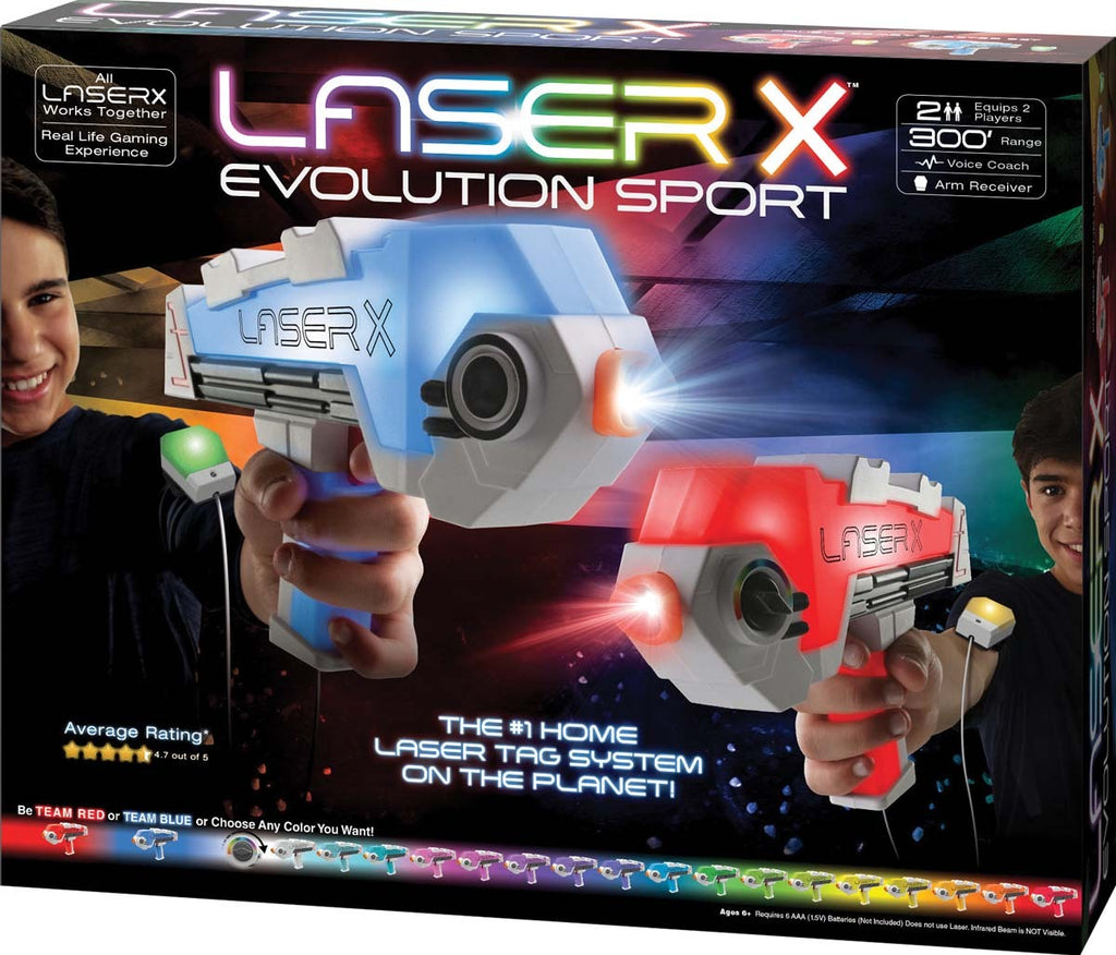 Laser X Evolution laser tag game set with 2 blasters, arm receivers, 300-foot range and rainbow color effects