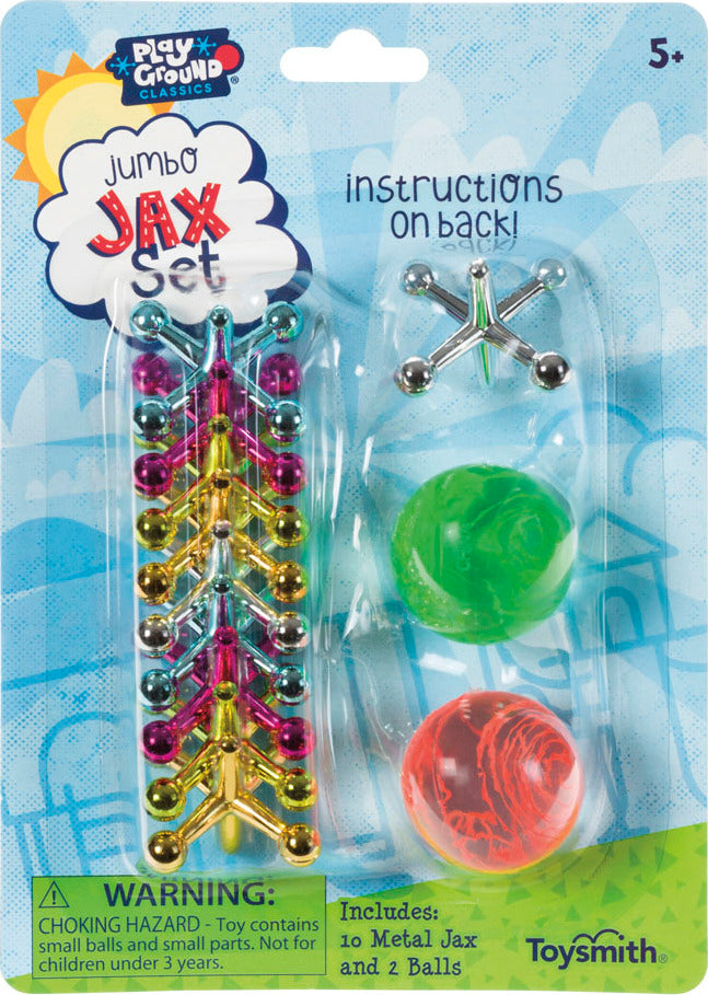 Playground Classics Jumbo Jax Set with ten 1.5-inch metallic jacks and two bouncy balls for traditional game play