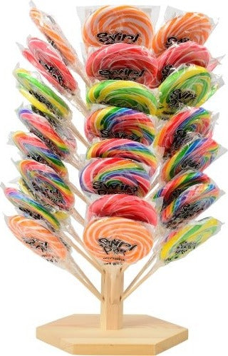 Swirl Pops colorful lollipops with swirl design on wooden display stand for parties and decorative treats