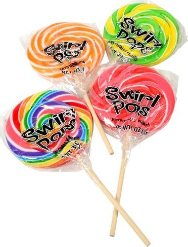 Swirl Pops colorful lollipops with swirl design on wooden display stand for parties and decorative treats