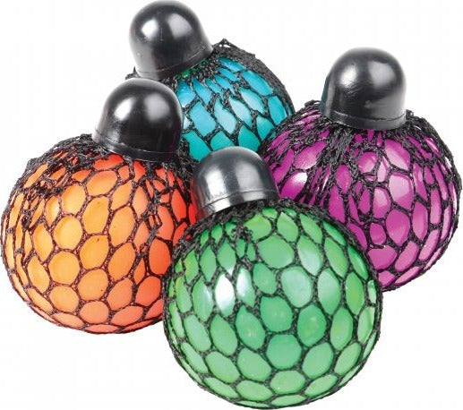 Color changing mesh stress ball with TPR and fabric construction that changes colors when squeezed
