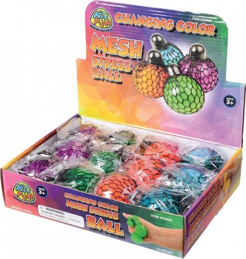 Color changing mesh stress ball with TPR and fabric construction that changes colors when squeezed