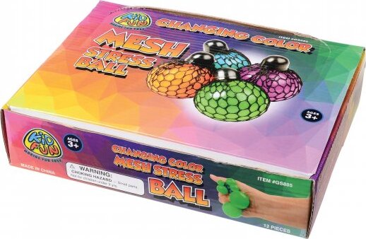 Color changing mesh stress ball with TPR and fabric construction that changes colors when squeezed