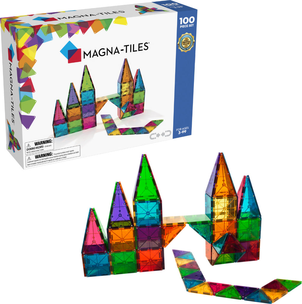 MAGNA-TILES Classic 100-Piece Magnetic Construction Set with colorful geometric shapes including squares and triangles