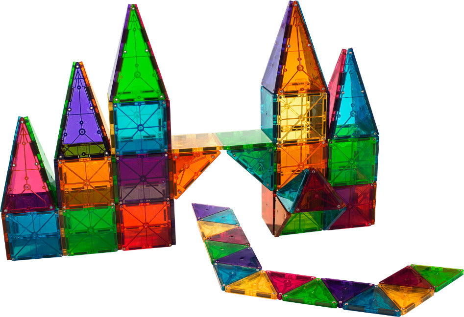 MAGNA-TILES Classic 100-Piece Magnetic Construction Set with colorful geometric shapes including squares and triangles