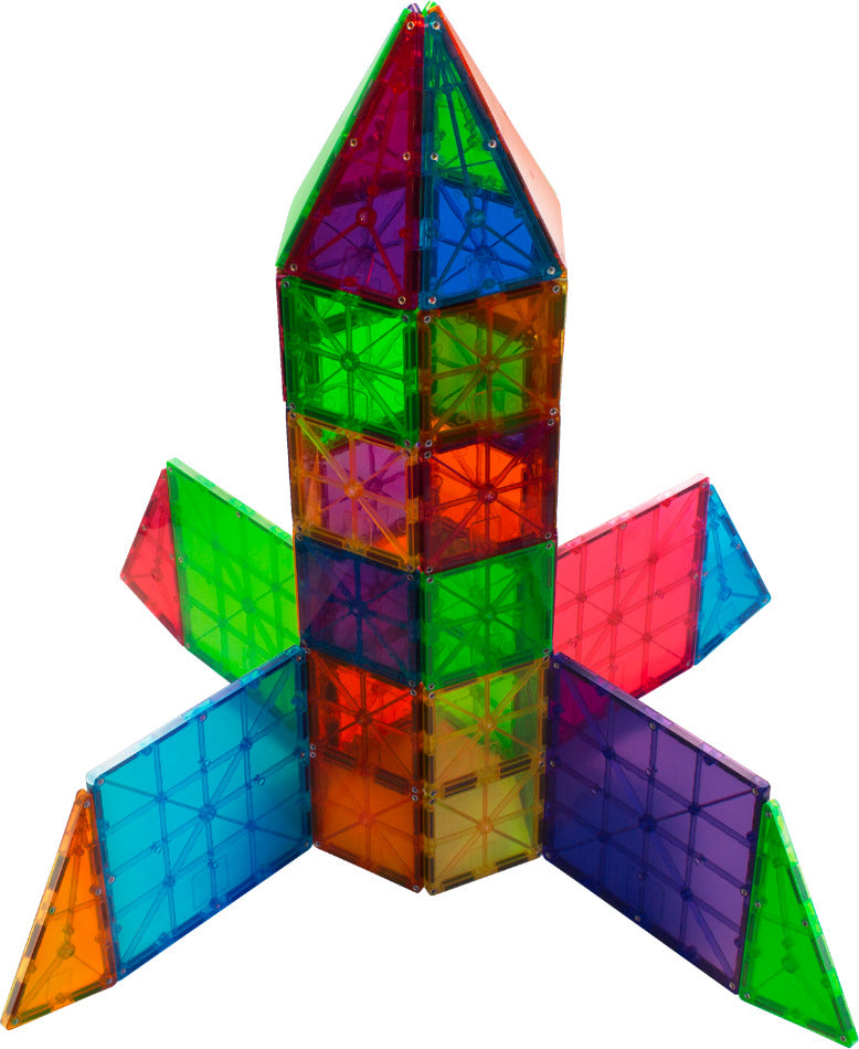 MAGNA-TILES Classic 100-Piece Magnetic Construction Set with colorful geometric shapes including squares and triangles